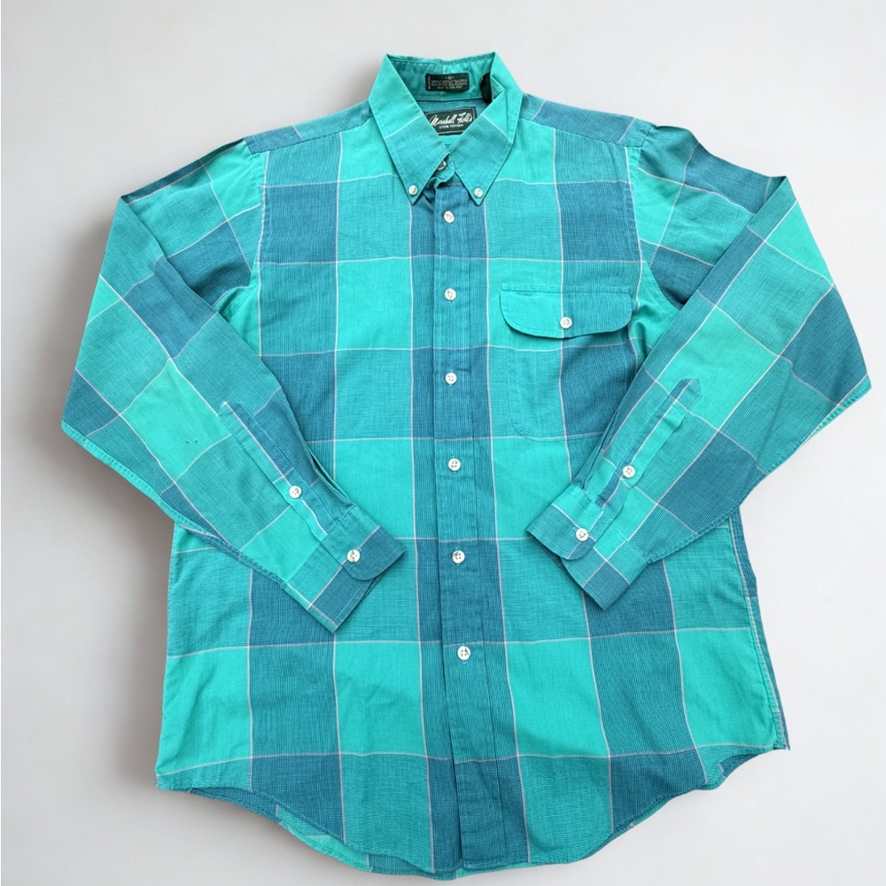 Vintage Marshall Fields Men's Teal Plaid Button Down Shirt- M